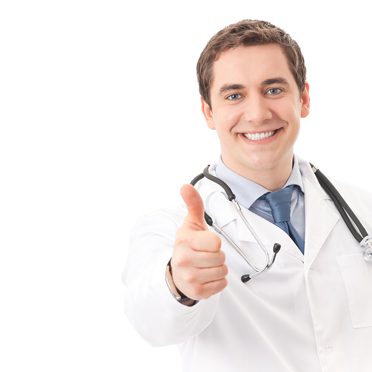 Happy doctor with thumb up, isolated on white